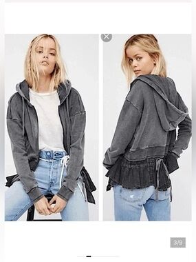 Rare Free People When Worlds Meet Full Zip Hoodie Sweatshirt Ruffle hem Jacket S